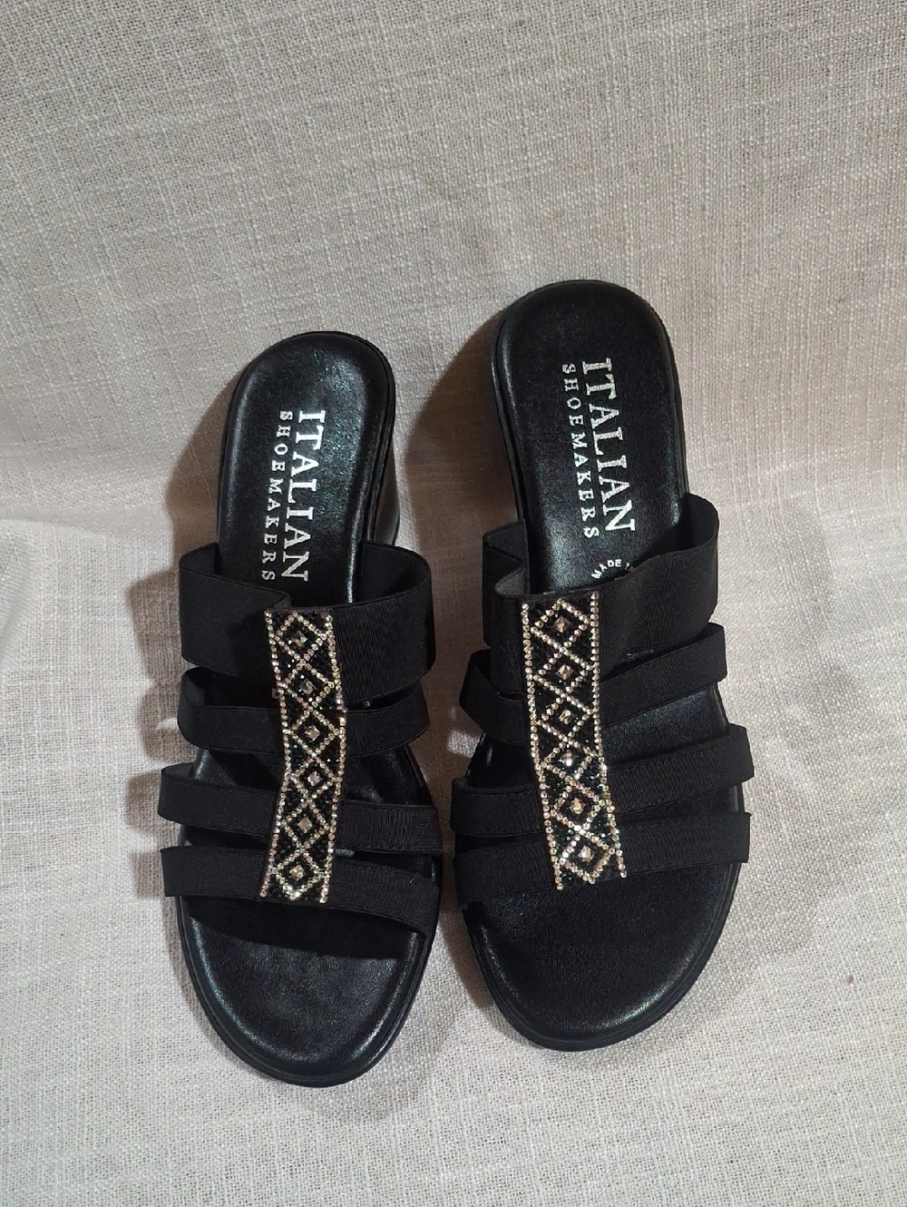 Italian Shoemakers Black Slip-On Sandals with Rhinestone Trim Size 8.5
